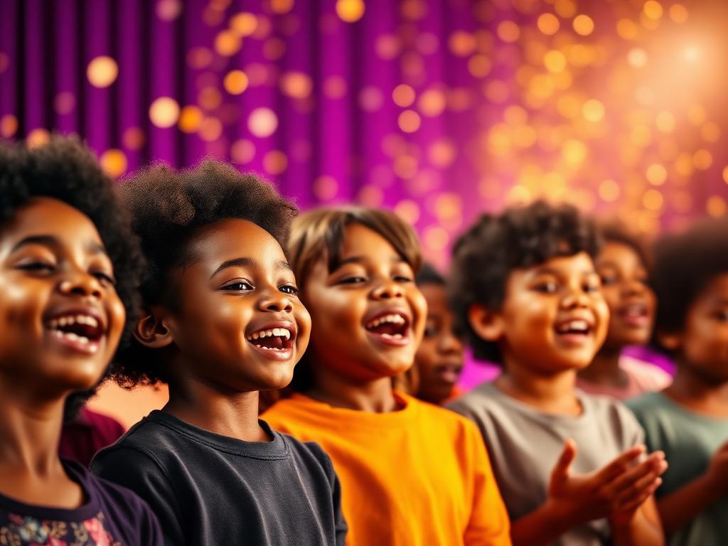 Children singing joyfully together in the youth choir