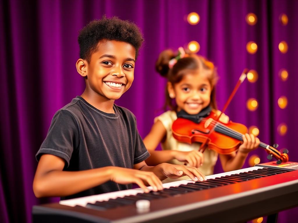 Students playing keyboard and violin during rehearsal