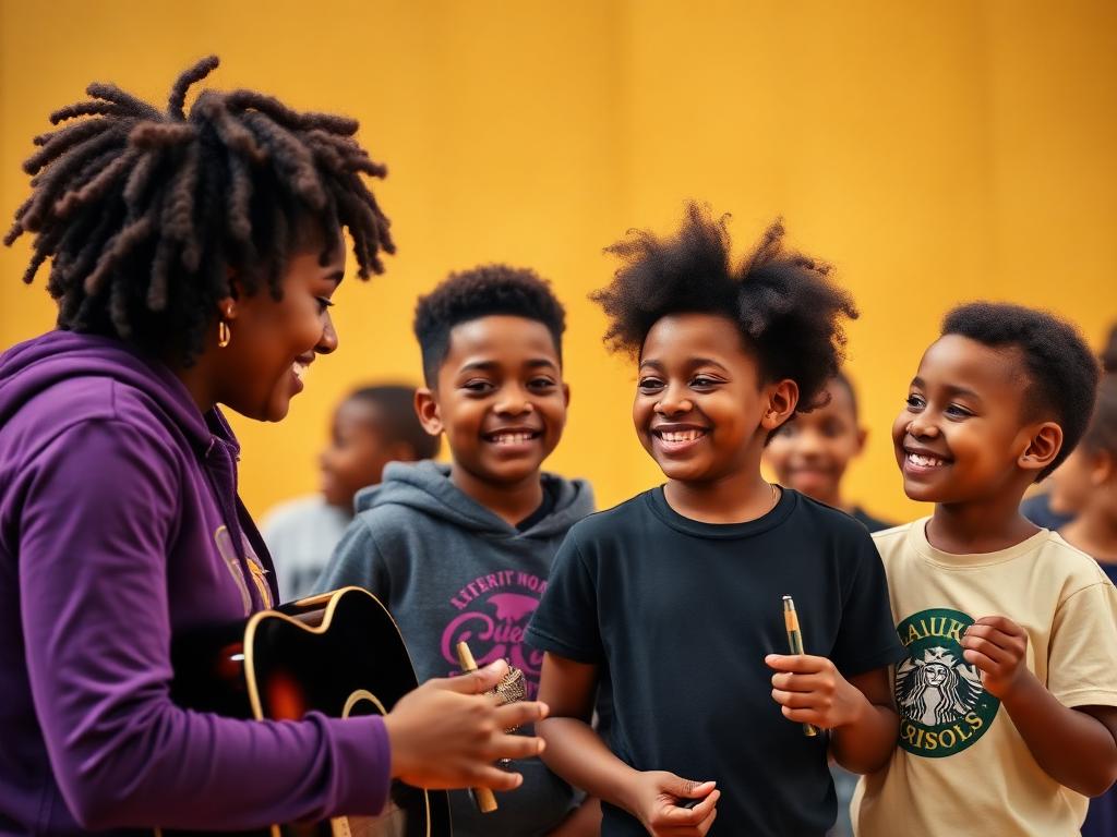 A teen mentor guiding younger students in a music class